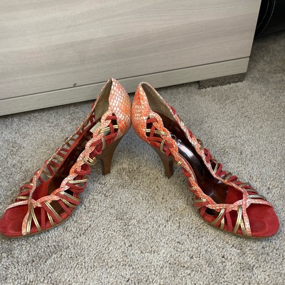 Pazzos, red, pink, gold, open toe heels - Picture 2 of 2